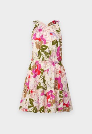 Blomstrete bomulds kjole med pink, rød og grønne mønstre. Har en tætsiddende liv, elastisk talje og lagdelt skør.