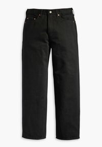 Svarta denimjeans med rak benform, med kopparfärgad hårdvara, femficksdesign och synlig sömnad längs sömmarna.