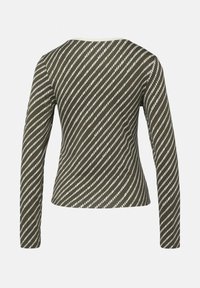 Langärmliges, figurbetontes Oberteil mit diagonalem weißen und dunkelgrünem, gedrehtem Seilstreifenmuster, Ansicht von hinten.
