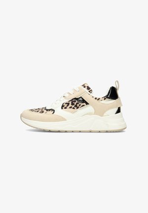 Leopard-print sneaker featuring beige suede, white synthetic accents, black patent heel, and a textured sole for grip. Rounded toe shape.