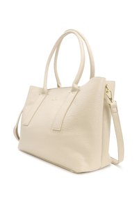 Borsa a mano in pelle sintetica color crema con due manici superiori e una tracolla regolabile. Texture liscia, hardware minimale e design pulito.