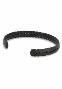 Pulsera de muñeca de metal trenzado negro con un diseño abierto, que presenta patrones entrelazados y extremos de textura suave. Duradera y ligera.