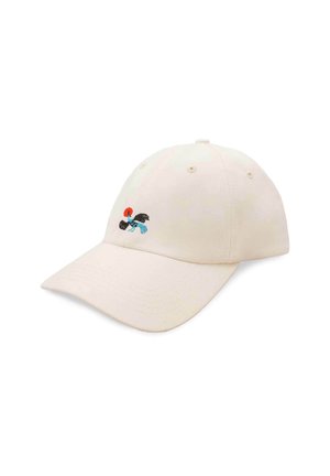 Jasno beżowa bawełniana czapka z zakrzywionym daszkiem, z haftowanym wzorem kolorowego ptaka z przodu.