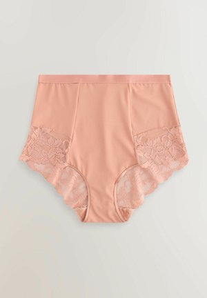 Šviesiai rožinės aukštai liemenėlės kelnaitės, pagamintos iš glotnaus audinio, su sudėtingu nėriniuotu apvadu šoninėse dalyse, turinčios gėlių raštus ir banguotus kraštus.