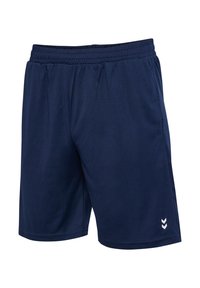 Granatowe szorty sportowe z elastycznym pasem, lekkiego materiału, z białym logo w kształcie zębatki na dolnej lewej stronie.