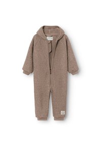 Braun flauschiger Overall mit Kapuze, durchgehendem Reißverschluss und elastischen Bündchen. Weicher Stoff und minimalistisches Design; Etikett an der unteren linken Seite.