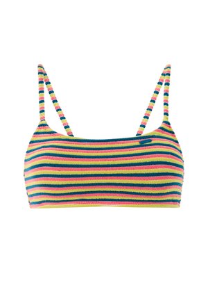 Gestreept cropped camisole top met dunne schouderbandjes in afwisselende roze, gele, groene en blauwe, pluizige stof.