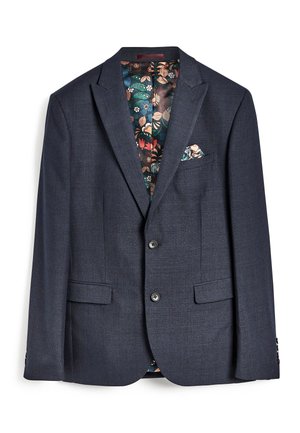 Dunkelblauer karierter Blazer mit zwei Knöpfen, Stegkragen, Klappentaschen und farbig floral gemustertem Innenfutter und Einstecktuch.