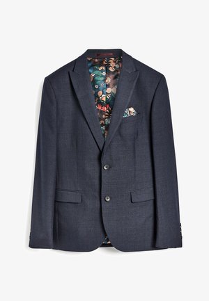 Donkerblauw geruite blazer met twee knopen, een notch revers, klepzakken en een kleurrijk bloemmotief aan de binnenvoering en pochet.