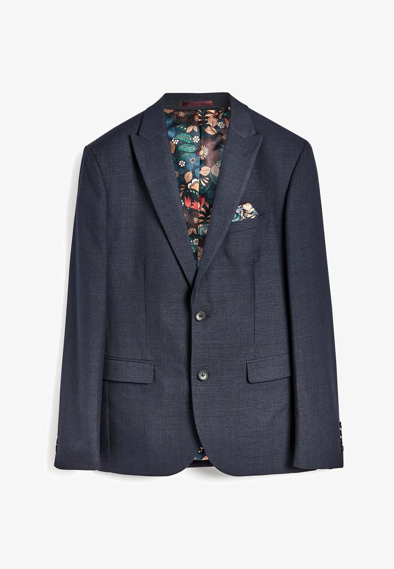 Blazer bleu foncé à carreaux avec deux boutons, col cranté, poches à rabat, doublure intérieure à motif floral coloré et pochette.