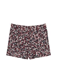 Bloemen shorts met een marineblauwe achtergrond en roze en witte bloemen, gemaakt van lichte stof met een relaxte pasvorm en een elastische tailleband.