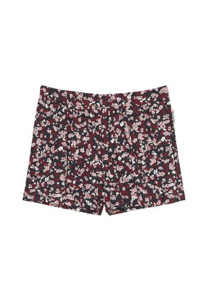Blumen-Shorts mit einem navyfarbenen Hintergrund und rosa sowie weißen Blumen, aus leichtem Stoff gefertigt, mit einer lockeren Passform und elastischem Bund.