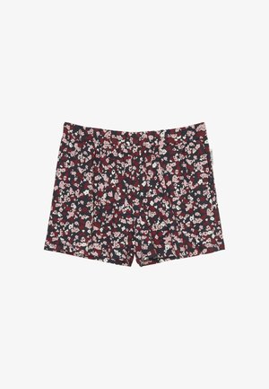 Bloemen shorts met een marineblauwe achtergrond en roze en witte bloemen, gemaakt van lichte stof met een relaxte pasvorm en een elastische tailleband.