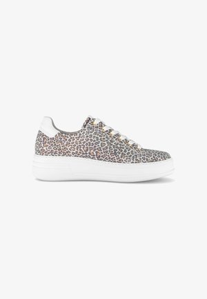 Low-top sneaker with white sole, white laces, and leopard print upper with gold eyelets, shown from the outer side.