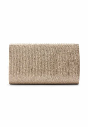 Rechthoekige beige clutch met gestructureerde stof en eenvoudig, onopgesmukt ontwerp, afgebeeld tegen een witte achtergrond.