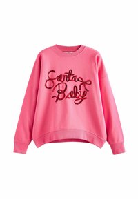 Rosa sweatshirt med lös passform, rund halsringning och långa ärmar. Har texten "Santa Baby" i röda paljettbokstäver på framsidan.