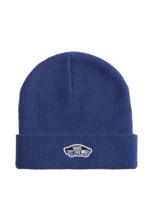 Blauwe gebreide muts met omgeslagen boord met een witte Vans "Off The Wall" logo patch aan de voorkant in het midden.