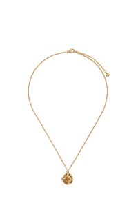 Goldkettchen mit einem runden Anhänger, der mit floralen Mustern verziert ist. Die Kette hat einen Verschluss und ist in der Länge verstellbar.
