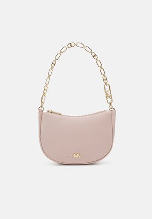 Pink faux leather shoulder bag with a gold chain strap, curved silhouette, and embossed logo detail on the front. Zipper closure at the top.