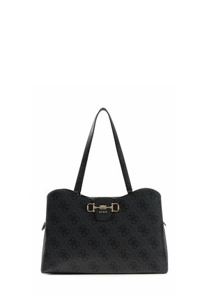 Sac à main noir Guess avec un motif de logo, deux bandoulières et un détail de boucle dorée au centre devant.