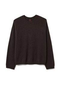 Maglione a maglia marrone scuro con collo a giro, dettagli a coste sulle spalle e sui polsi, e una vestibilità rilassata. Texture morbida con un design classico.