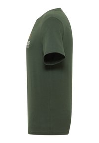 Dark green short-sleeve t-shirt, made of cotton, featuring a crew neckline and a graphic print on the front. Smooth, lightweight texture.