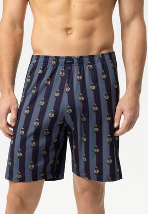 Man draagt marineblauwe boxershorts met verticale rode en lichtblauwe strepen en een klein teddybeertjespatroon, staand voor een effen achtergrond.