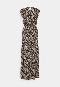 Robe maxi avec un fond noir et un motif floral jaune, présentant des manches froncées, une taille cintrée et une jupe à volants.