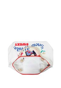 Sac fourre-tout blanc avec des accents rouges, présentant un design de dessin animé et le texte "Sweet". Comprend une anse en corde et une poche intérieure.