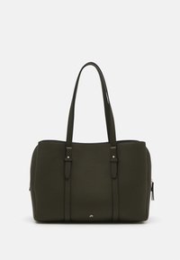 Sac fourre-tout vert foncé texturé avec deux longues poignées, des accents dorés et une fermeture zippée avec une poche latérale. Design simple et structuré.