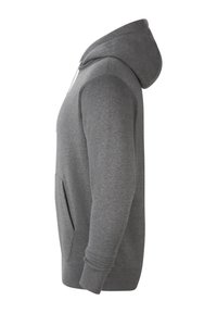 Vista lateral de una sudadera gris sin estampado con bolsillo frontal y cordones blancos sobre un fondo blanco.