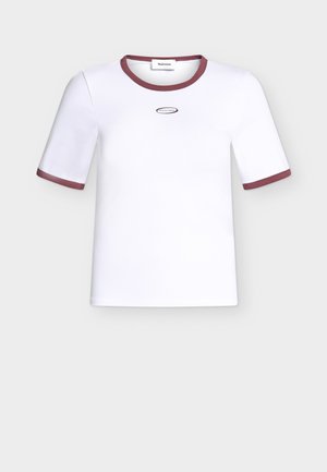 White short-sleeve T-shirt with maroon trim on collar and sleeve edges, featuring a small oval logo with text on the chest.