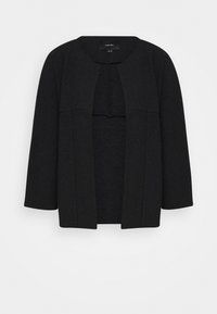 Černá otevřená bunda s trojčtvrtečními rukávy, texturovaná tkanina, bez zapínání a minimalistický design. Vhodná pro vrstvení.