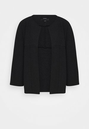 Černá otevřená bunda s trojčtvrtečními rukávy, texturovaná tkanina, bez zapínání a minimalistický design. Vhodná pro vrstvení.