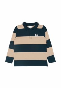 Polo majica s dugim rukavima u mornarsko plavoj i bež horizontalnoj prugastoj kombinaciji, s kragnom i izvezenim logotipom na prsima. Izrađena od mekanog pamučnog materijala.