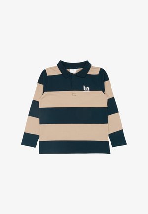 Pikae varrukatega polo särk, millel on tumesinised ja beežid horisontaalsed triibud, krae ning tikitud logo rinnal. Valmistatud pehmest puuvillakangast.