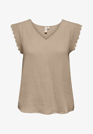 Blusa beige a maniche corte con scollo a V, con bordi scallop e dettagli in occhiello sulle maniche. Realizzata in un tessuto leggero e strutturato.