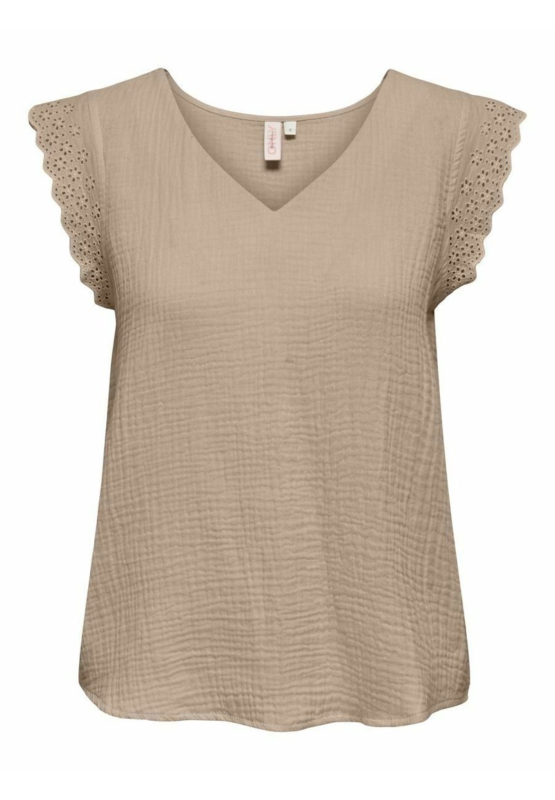 Blusa beige a maniche corte con scollo a V, con bordi scallop e dettagli in occhiello sulle maniche. Realizzata in un tessuto leggero e strutturato.