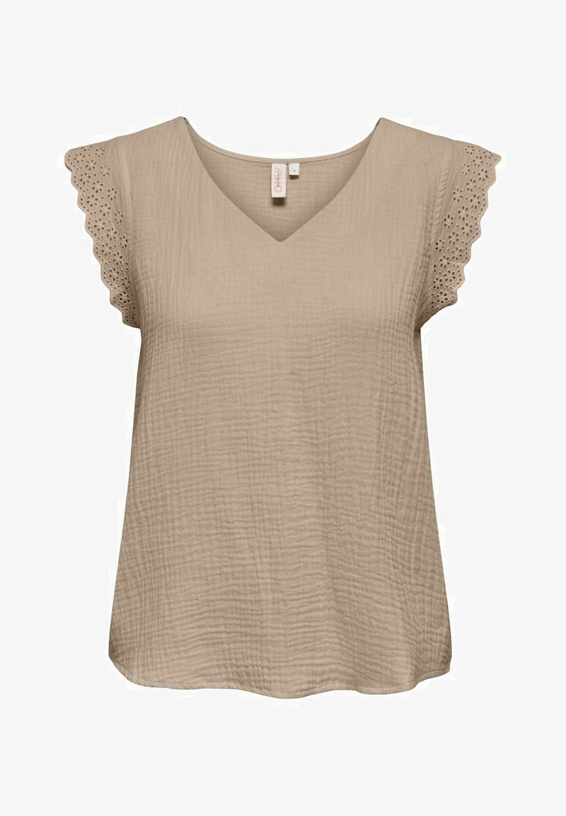 Blusa beige a maniche corte con scollo a V, con bordi scallop e dettagli in occhiello sulle maniche. Realizzata in un tessuto leggero e strutturato.