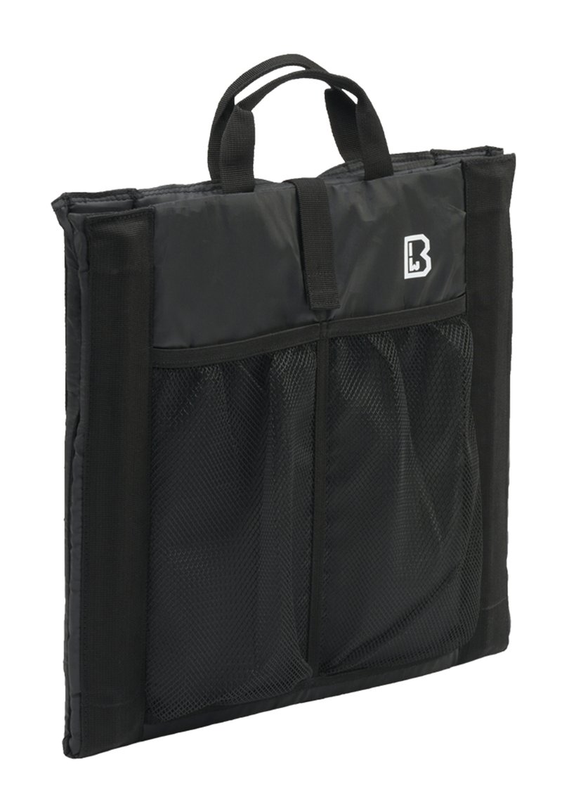 Black fabric backpack with mesh pockets, features carrying handles, zip closure, and a logo on the front. Compact and rectangular shape.