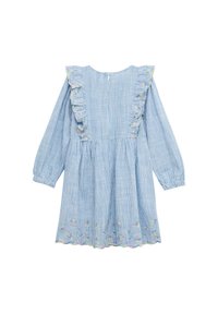 Gestreiftes Kleid in Blau und Weiß mit langen Ärmeln und Rüsche am Ausschnitt. Verziert mit floralem Stickerei am Saum und elastischen Bündchen.