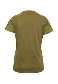 Olivengrøn t-shirt med korte raglanærmer, rund halsudskæring, glat bomuldsstof, enkelt design og buet kant.