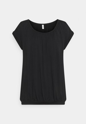 Schwarze kurzärmelige Bluse mit Rundhalsausschnitt, gerafften Stoffdetails und elastischem Saum, vor hellem Hintergrund präsentiert.