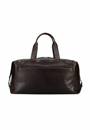 Sac de voyage en cuir brun foncé avec deux poignées et un compartiment principal zippé, présenté sur fond blanc uni.