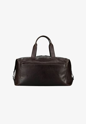 Bolso de cuero marrón oscuro tipo duffel con dos asas y un compartimento principal con cremallera, mostrado sobre fondo blanco liso.