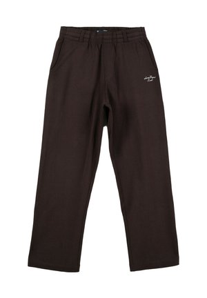 Brązowe spodnie z tkaniny o luźnym kroju, z elastycznym pasem i kieszeniami bocznymi. Dyskretne logo wyhaftowane z przodu.