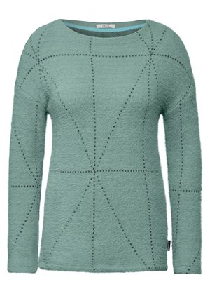 Fleece sweater in muted green with long sleeves, featuring geometric stitching patterns in dark thread and a round neck design.