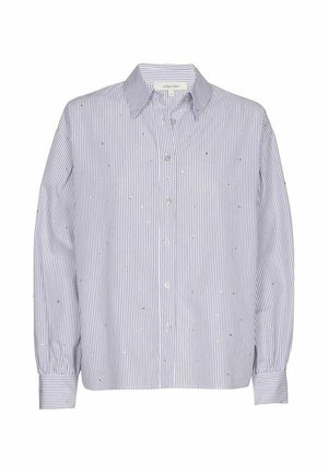 Lange mouw button-up shirt met dunne verticale blauwe strepen en kleine zilveren embellissementen, met een puntige kraag en manchet mouwen.