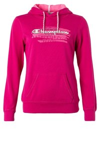 Felroze capuchontrui met voorzak, koord in de capuchon en "Champion" logo met grafische tekst op de borst.