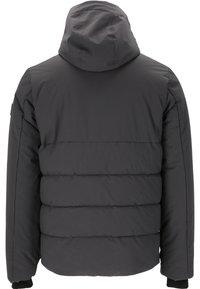 Schwarze gepolsterte Jacke mit Kapuze, mit einem gesteppten Design, glatter Textur und elastischen Bündchen. Enthält einen geraden Saum und keine sichtbaren Logos.